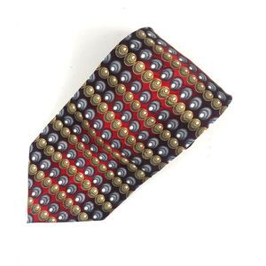 FENZIA 100% Silk Tie Red Gold Gray Geometric Circle Pattern Men's Necktie